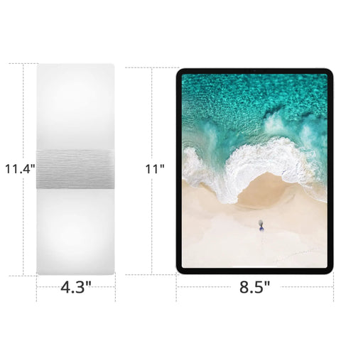 No-Fuss Set of Two Modern Wall Sconces with Stepless Dimming, size comparison to 8.5-inch tablet, 11.4 x 4.3 inches.