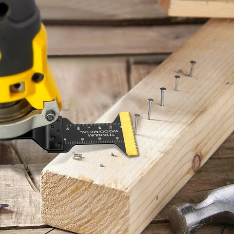 Titanium Coated 31 Piece Oscillating Tool Blades Set For Metal Wood Plastic With Quick Release Attachment in use on wood