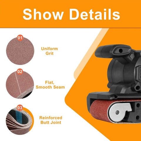 Workhorse Grade 3 X 21 Belt Sander Sanding Belts 100 Grit Aluminum Oxide Abrasive Strips details, showing uniform grit and reinforced butt joint.