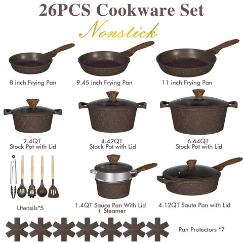 26 Piece Nonstick Pots And Pans Set With Steamer Induction Ready Cookware Includes Silicone Utensils Healthy Quartz Nonstick PFAS PFOA Free Easy Clean Great Housewarming Gift For Home Cooks And Busy Chefs No Fuss Cleanup showing various pans and pots with descriptions.