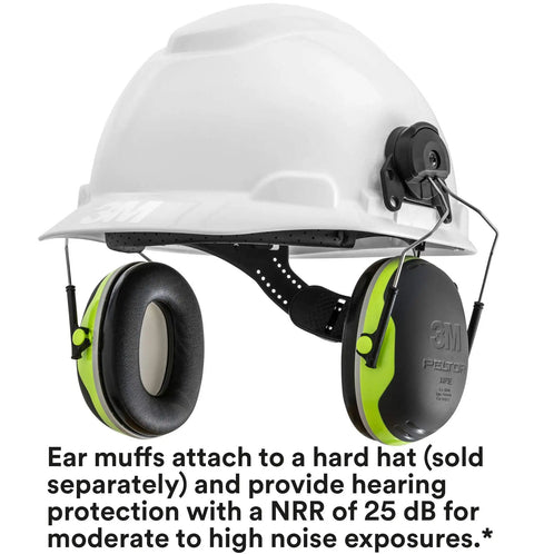 X Series Cap Style Hard Hat Attached Earmuffs With NRR 25 Decibel Hearing Protection, black and green, on white hard hat.