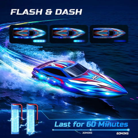 Epic RC Boat For Kids With LED Lights Self Righting And Waterproof Design on water with battery runtime display
