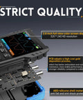 3 In 1 Handheld Oscilloscope Multimeter With DDS Generator showing color screen, PCB with gold deposition, and ABS silicone shell.