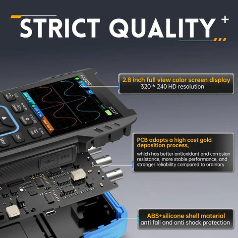 3 In 1 Handheld Oscilloscope Multimeter With DDS Generator showing color screen, PCB with gold deposition, and ABS silicone shell.