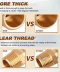 Comparison of 5 Pack Brass Hose Barb Fittings One Quarter Inch Barb To One Eighth Inch NPT Male Thread showing thickness and thread clarity.