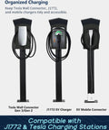 Heavy Duty Outdoor EV Charger Pedestal With Weather Shield Roof For Tesla Wall Connector And J1772 Level 2 Stations showing organized charging setup.
