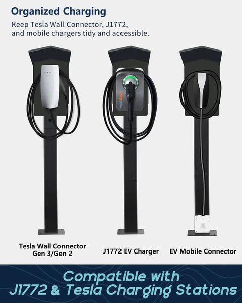 Heavy Duty Outdoor EV Charger Pedestal With Weather Shield Roof For Tesla Wall Connector And J1772 Level 2 Stations showing organized charging setup.