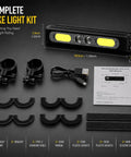 1200 Lumen Bike Headlight And Taillight Set With Aluminum Body, USB-C Rechargeable, IPX6 Waterproof, kit components