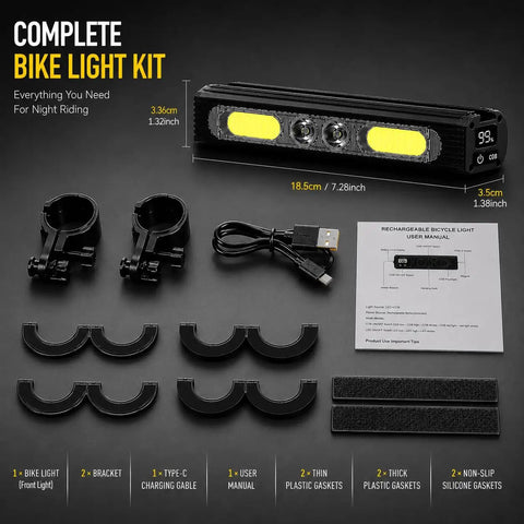 1200 Lumen Bike Headlight And Taillight Set With Aluminum Body, USB-C Rechargeable, IPX6 Waterproof, kit components
