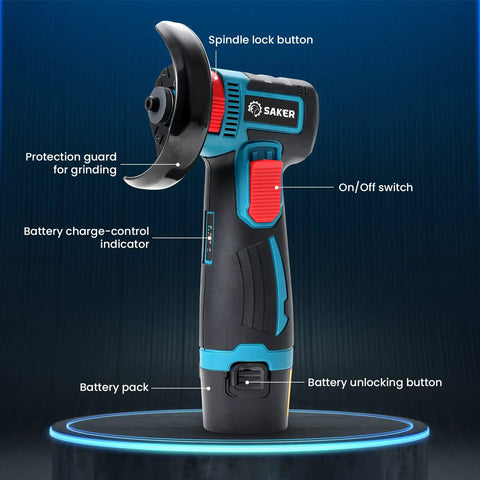 Cordless 3 Inch Angle Grinder With 12V Brushless Motor Portable Cutoff Tool Kit Including Two Batteries And Charger Extra Five Discs Lightweight Workhorse For Quick Grinding Cutting Metal Prep And DIY Projects, showcasing design features
