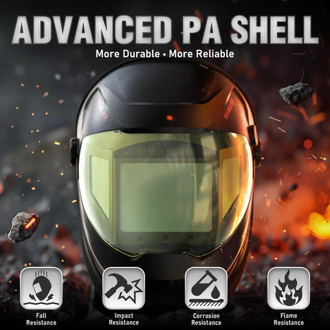 Auto Darkening Welding Helmet With 180 Degree Panoramic View True Color Lens Internal Digital Display Wide Shade Three To Four And Eight To Fourteen For MIG TIG Stick Tack Grind Cut Smart Auto Adjustment Adjustable Shade Sensitivity And Delay All Day, showcasing durable PA shell in fiery background.