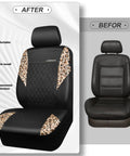 Dope Leopard Print Faux Leather Car Seat Covers showing before and after installation on SUV seat with universal fit.