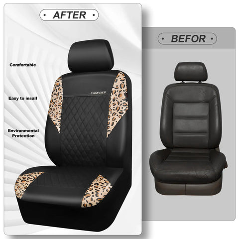 Dope Leopard Print Faux Leather Car Seat Covers showing before and after installation on SUV seat with universal fit.