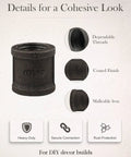 20-Pack 3/4-Inch Malleable Cast Iron Pipe Couplings For Threaded Black Pipes And Fittings Dope For DIY Steampunk Industrial Vintage Style Flanges And Heavy Duty Secure Connections shown with details of thread and coating.
