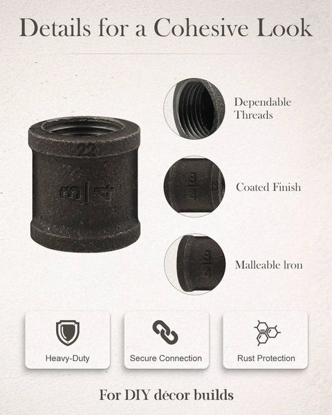 20-Pack 3/4-Inch Malleable Cast Iron Pipe Couplings For Threaded Black Pipes And Fittings Dope For DIY Steampunk Industrial Vintage Style Flanges And Heavy Duty Secure Connections shown with details of thread and coating.