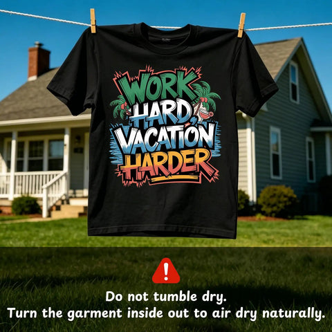 T-shirt with 'Work Hard Vacation Harder' design hanging outdoors with a house in the background, laundry instructions below.