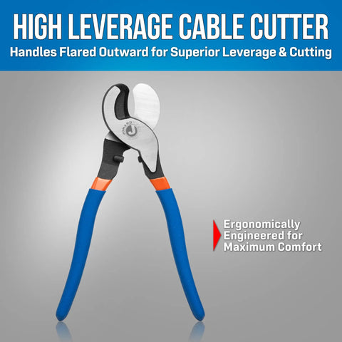 Heavy Duty High Leverage Cable Cutter With Knuckle Safe Flared Handles And Tough As Nails Chrome Vanadium Steel Blades for cutting cable.