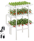 Hydroponics Growing System Kit For Home Garden With 3 Tier 108 Sites UPVC Pipe Hydroponic Grow Kit Timed Irrigation Sun And Light Blocking Pipes Indoor Vegetable Herb Fruit Gardening Setup No Fuss; showing growing lettuce, tomatoes, and strawberries on white UPVC pipes, with electric pump and timer displayed.