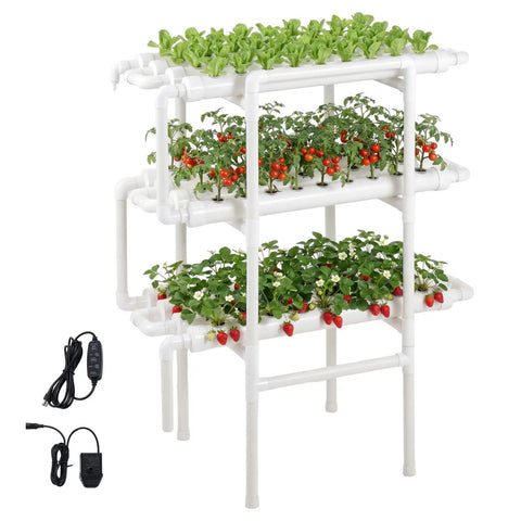 Hydroponics Growing System Kit For Home Garden With 3 Tier 108 Sites UPVC Pipe Hydroponic Grow Kit Timed Irrigation Sun And Light Blocking Pipes Indoor Vegetable Herb Fruit Gardening Setup No Fuss; showing growing lettuce, tomatoes, and strawberries on white UPVC pipes, with electric pump and timer displayed.