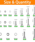 Heavy Duty 248Pcs Metric Bolt Set In 304 Stainless Steel M6 M8 M10 Nuts And Bolts Kit with size and quantity chart