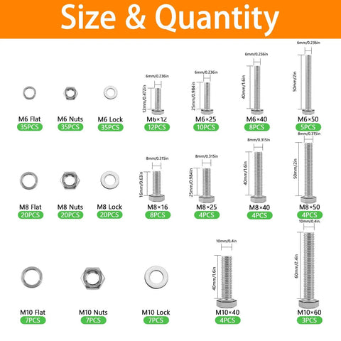 Heavy Duty 248Pcs Metric Bolt Set In 304 Stainless Steel M6 M8 M10 Nuts And Bolts Kit with size and quantity chart