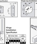 Hinge installation specification diagram for Two Pack Full Overlay Face Frame Soft Close Concealed European Cabinet Hinges.