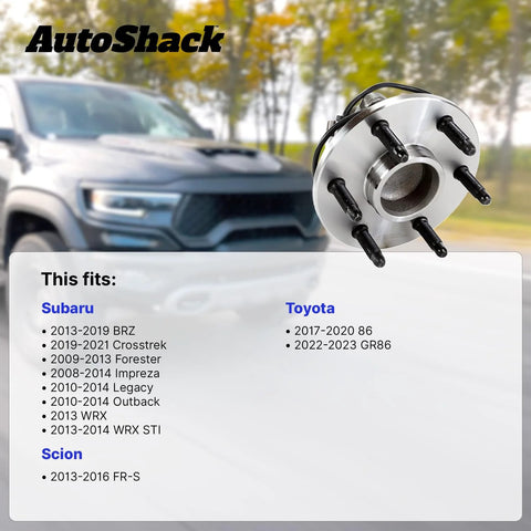 Rear Wheel Hub Bearing Assemblies Left And Right With ABS Replacement For 2010 2014 Subaru Outback 2008 2014 Subaru Impreza 2013 2016 Scion FR S 2017 2020 Toyota 86 Two Piece Set Heavy Duty Premium Quality ISO IATF Certified. Image showing one hub bearing assembly with a vehicle in background.