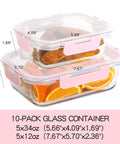 Glass Meal Prep Containers Set of 10 with Lids Airtight Food Storage Boxes for Lunches showing stacked containers with measurements.