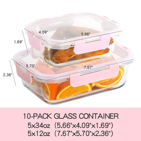 Glass Meal Prep Containers Set of 10 with Lids Airtight Food Storage Boxes for Lunches showing stacked containers with measurements.