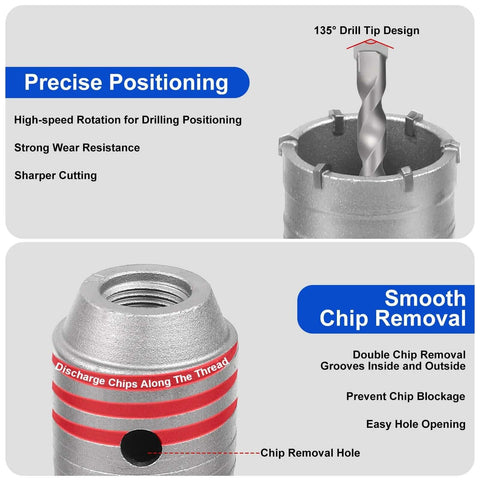 MAXAZTEX 6-piece dry core drill bit set with 30/40/50/68 mm hole saws and SDS-Plus adapter; 135° tip design.