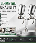 Kick Your Diy Painting Projects Into High Gear With This Pro Grade Spray Gun Featuring Forged Metal Nozzle And Solid Brass Cap For Slick Water Base Coats And Quick Mess Free Cleanup - image of all-metal spray gun with precise nozzles and metal cups.