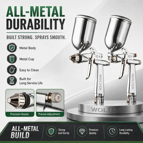 Kick Your Diy Painting Projects Into High Gear With This Pro Grade Spray Gun Featuring Forged Metal Nozzle And Solid Brass Cap For Slick Water Base Coats And Quick Mess Free Cleanup - image of all-metal spray gun with precise nozzles and metal cups.