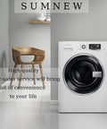 Modern washing machine in sleek white design beside wooden chair