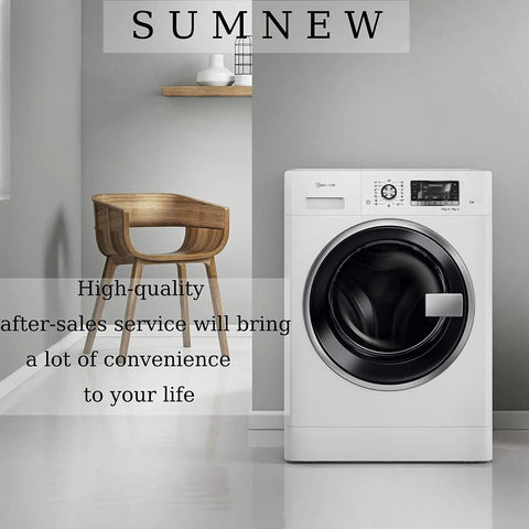 Modern washing machine in sleek white design beside wooden chair