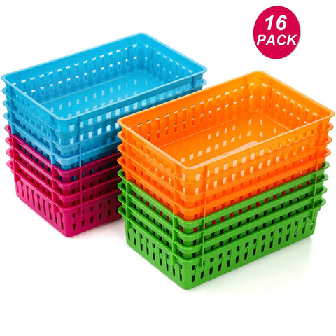 16 Pack Colorful Plastic Classroom Storage Baskets Bins For Crayons And Pencils Small Desk Organizer Trays For Paper Desk And Shelf Home School Office 10.2 Inches Long 6.5 Inches Wide 2.4 Inches High