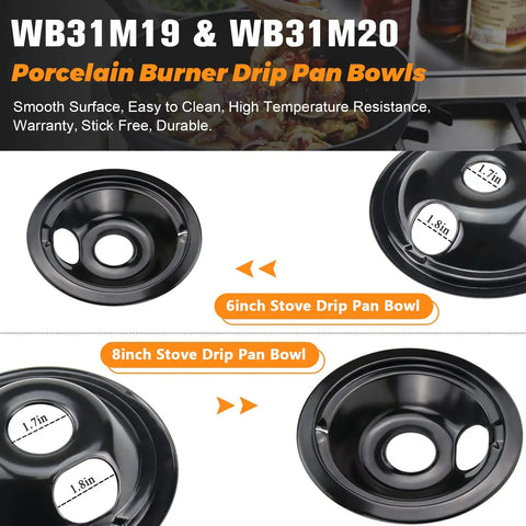 Porcelain Drip Pans 4 Pack for GE Hotpoint Range Cooktop Includes Three 6 Inch Pans And One 8 Inch Pan Black details.