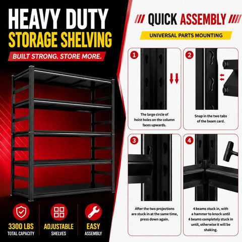 Heavy Duty Metal Garage Shelving Units With Side Guard 660 Lbs Per Shelf 3300 Lbs Total Capacity Rugged Boss Grade Tool Storage Racks For Garage Or Workshop, 5-tier steel shelf