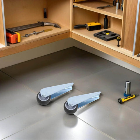 Front view of 2-Pack Sliding Door Bottom Wheels With Rubber Casters on a metal surface with tools in the background