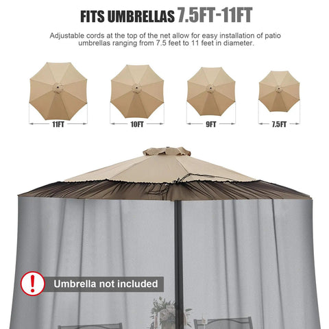 9-11 Ft Outdoor Umbrella Mosquito Net, Universal Hanging Patio Screen With Zipper, fits most 7.5-11 ft umbrellas, black mesh