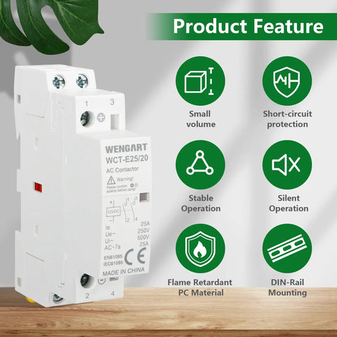 12V DC Coil Contactor 25 Amp 2 Pole Normally Open Noise Free Switch for RV, Solar System, 35mm DIN Rail Mount, WCT-E25