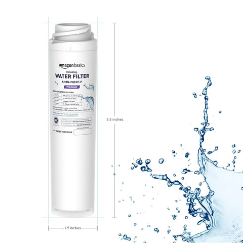 Fridge Water Filter 2 Pack For GE FQSVF Drinking Water System With Premium Filtration shown with splash effect.