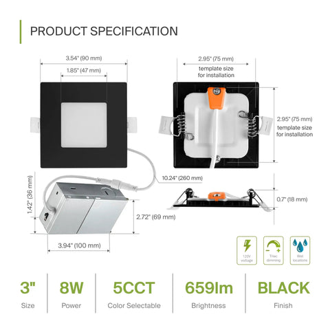 12 Pack LED Square Recessed Ceiling Lights 4 Inch Ultra Slim Canless Wafer Downlights Dimmable With 5 CCT specifications