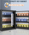 Straight Up Secure 48 Key Lock Box Wall Mount with colored key tags and open doors, Heavy Duty Steel Key Cabinet.