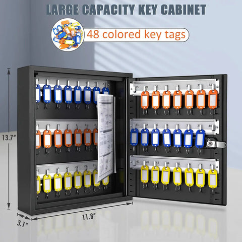 Straight Up Secure 48 Key Lock Box Wall Mount with colored key tags and open doors, Heavy Duty Steel Key Cabinet.