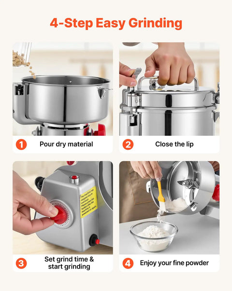 VEVOR 3400W Electric Grain Mill Grinder For Coffee Beans Spice Corn High Speed 32000RPM Stainless Steel Pulverizer Machine steps on usage process.