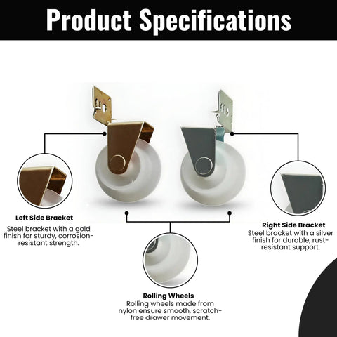 Top Shelf Kitchen Drawer Guide Rollers With Reinforced Steel Brackets And Tough Nylon Wheels For Smooth As Butter Sliding Cabinet Operation Repair Kit Pack Of Four with left and right brackets.