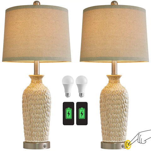 Two USB Touch Dimmable Ceramic Table Lamps Set Of 2 For Living Room Or Bedroom, 3-Way Brightness With Tap Control, includes bulbs and chargers