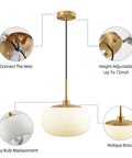 Big 12 Inch Opal Glass Pendant Light With Antique Brass Finish for Living Room and Kitchen Island installation diagram