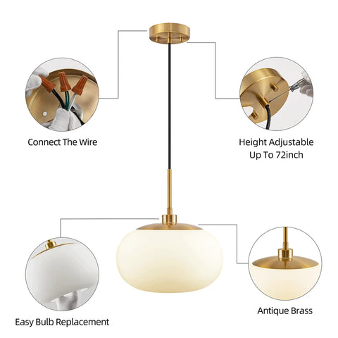 Big 12 Inch Opal Glass Pendant Light With Antique Brass Finish for Living Room and Kitchen Island installation diagram