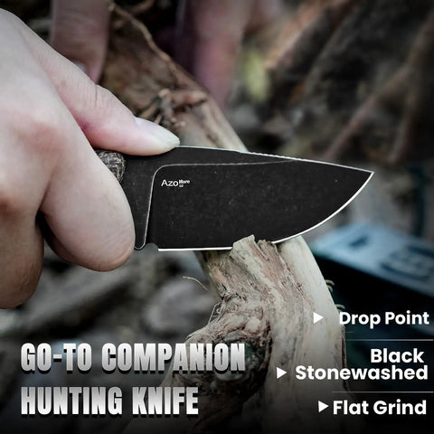 3.14 Inch D2 Fixed Blade Knife With Sheath, black stonewashed drop point blade cutting wood